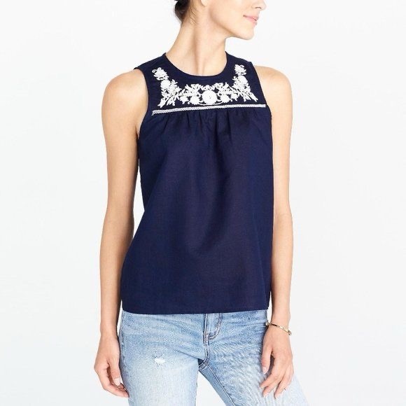 J. Crew Blue Embroidered Cotton-Linen Shell Top | Size 6 - Picture 1 of 10